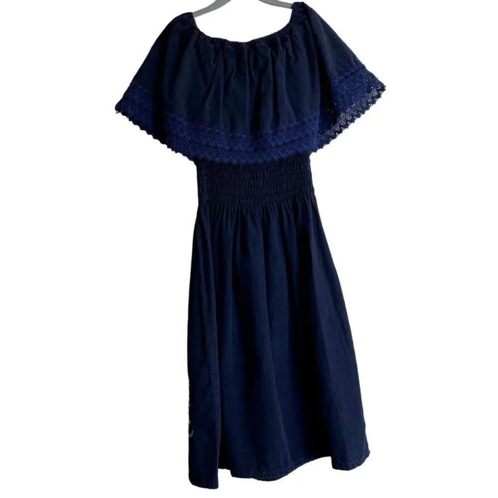 Artisan Mexican Embroidered Campesina Peasant Dress Girls 7-8 Black Boho